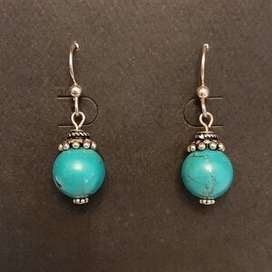 NEW Natural Gemstone Dangle Earrings with Turquoise Ball Shape Beads Silver Tone